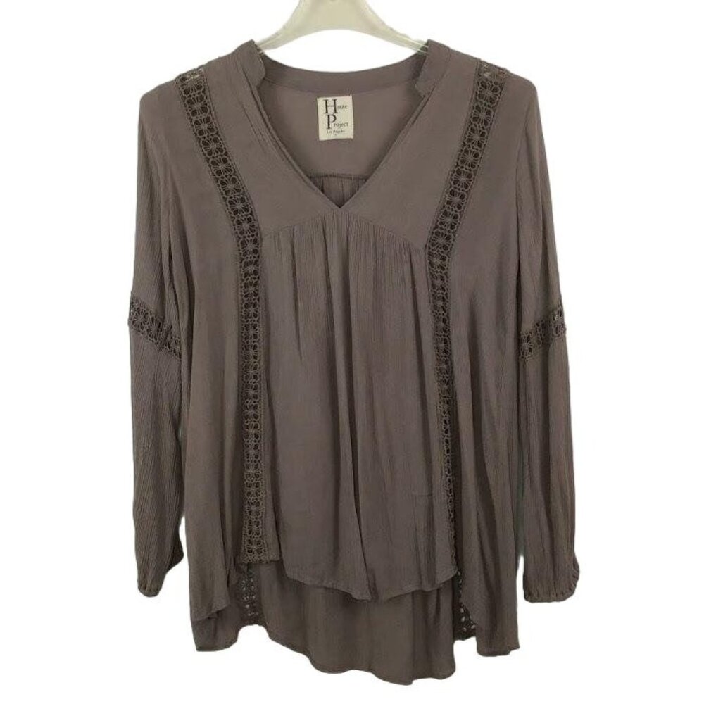 Haute Project S Gray BoHo Peasant Blouse Crochet Detail Long Sleeve VNeck Flowy